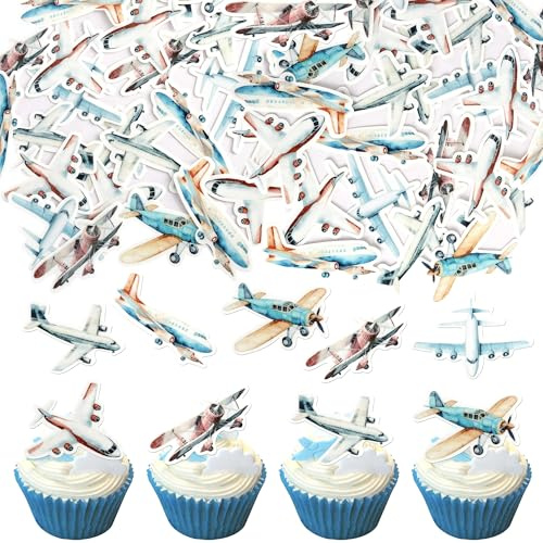SYKYCTCY 60 Pack Edible Airplane Cupcake Toppers Glitter Plane Cupcake Picks for Baby Shower Aviation Fighter Theme Birthday Party Cake Decorations Supplies