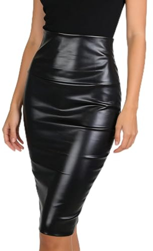 Qwrqwr Women Pencil Skirt High Waist Zip Bodycon Faux Leather (UK, Alpha, One Size, Regular, Regular, XL, Black)