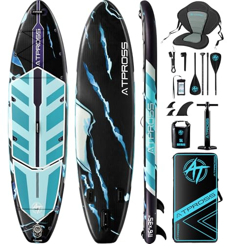 Inflatable Paddle Board, (SUP) für Erwachsene mit 450 lbs Tragfähigkeit extra breiter Rutschfester und Stabiler Plattform,Kajak Sitz Premium Accessoires Rucksack,geeignet für Yoga,Angeln Blue