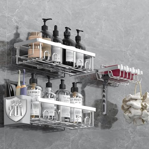 AceMining Estanteria Baño, 3 Pack Plateado Organizador Pared, Estanteria Baño Ssin taladro Adhesivo, Estante Ducha Almacenaje con Gancho, Organizador Repisas