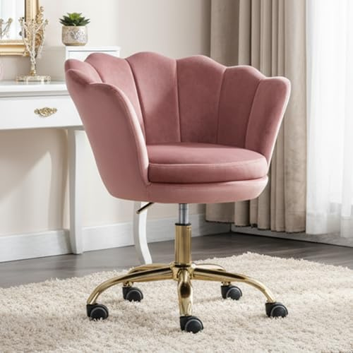 chairus Homeoffice stol, snurrstol i sammet skrivbordsstol höjdjusterbar kontorsstol med blombladsryggstöd, guldpläterad bas fåtölj för sovrum/toalettbord, rosa