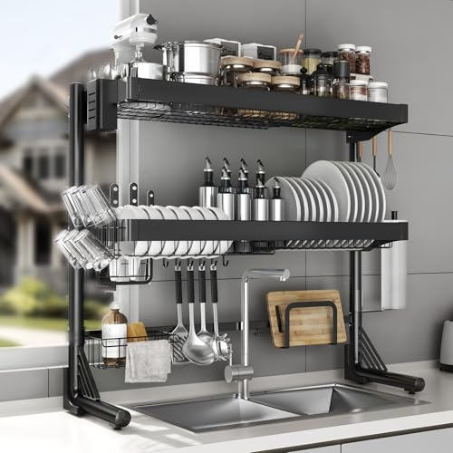 CUISIBOT Over Sink Dish Drying Rack, 3-Tier Full Stainless Steel Drainer Dish Rack Adjustable 20.9''-37.4'', Expandable Multifunctional Kitchen Organizer