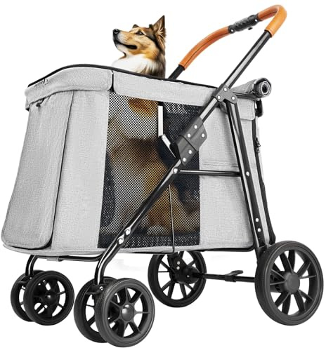 Joyfultails Hundebuggy Hundewagen Klappbar bis 30KG, Hundetrolley Faltbar mit Rahmen aus Aluminiumlegierung, Katzenwagen für kleine und mittelgroße Hunde mit Seitentaschen, Grau