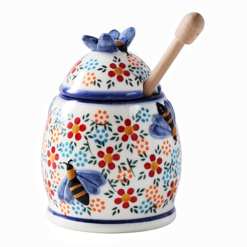 ZOOBEE 10oz Honey Jar with Dipper and Lid Farmhouse Style,Ceramic Honey Dispenser No Drip,Handpainted Honey Pot with Bees,Easily Wash-Spring Delight