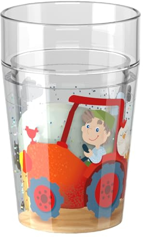 HABA Bicchiere glitterato Fattoria – Bicchiere per bambini con effetto glitter scintillante, perfetto per acqua, succo e tè, pratico per mani piccole – 2012447002