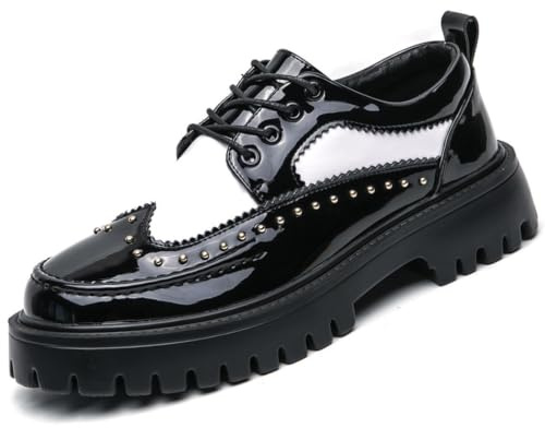 Men's Patent Leather Platform Dress Shoes Classic Round Toe Thick Lug Sole Lace Up Oxfords Comfort Block Heel Derby Business Casual Shoes (Black & White,9.5)