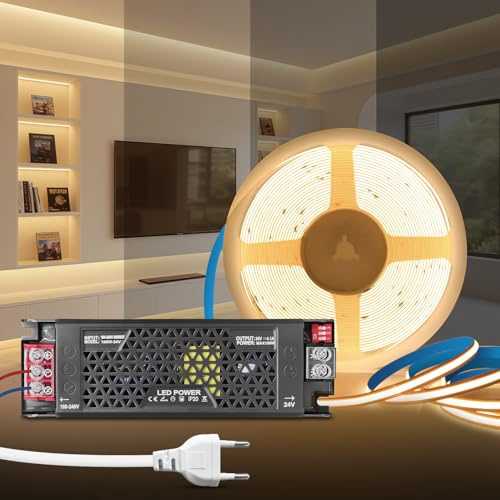KSIBNW Striscia LED COB 5M, 24V Autoadesiva Strip Luci Bianco Naturale 4000K Dimmerabile Strisce LED Larghezza 8mm con Dimmerabile Trasformatore 24V 100W e Cavo di Alimentazione per Cucina TV Camera