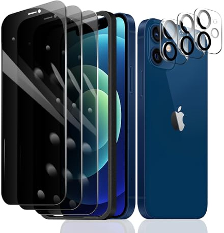 Fylnatc 3 Stück Sichtschutz Schutzfolie für iPhone 12 Mini [5,4 Zoll]+ 3 Stück Kameraschutz mit einfachem Befestigungswerkzeug, Anti-Spy Panzer Schutz Glas, Anti-Spionage Panzerfolie, gehärtetem Glas