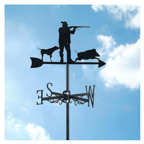 Veleta de Metal Negro con diseño de Cazador y Perro, indicador de dirección del Viento for jardín, con Soporte for Techo, Ideal for Decorar cobertizos.(Hunter Hunting)