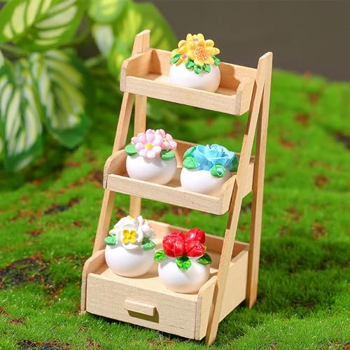Quintrost Puppenhaus Miniatur Blumenständer Ornamente, 1:12 Mini Puppenhaus Blumenregal Set, Holz Simulierter Spind Mini DIY Möbel Modell Fee Garten Requisiten Spielzeug Zubehör für Kinder