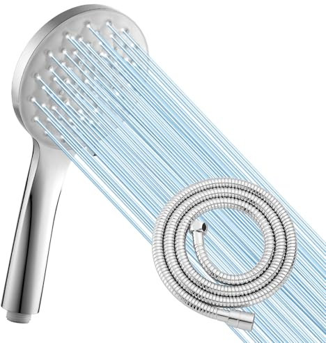 Vuadzren Pommeau de douche à 6 types de jet avec finition chromée, grand pare-pluie, avec tuyau flexible en métal de 1,5 m, chromé