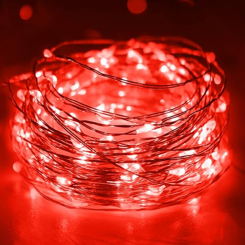 litogo Catena luminosa con timer a batteria, 3 m, 30 LED, per interni, impermeabile, filo di rame, luci alimentate a batteria (batteria AA), per feste, Natale, matrimonio, rosso