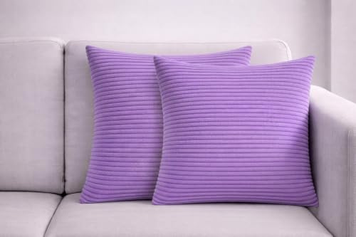 Seechoo Corduroy Cushion Covers, Set of 2, 40 x 40 cm, Plain Soft Striped, Assorted Colours (Lavender)