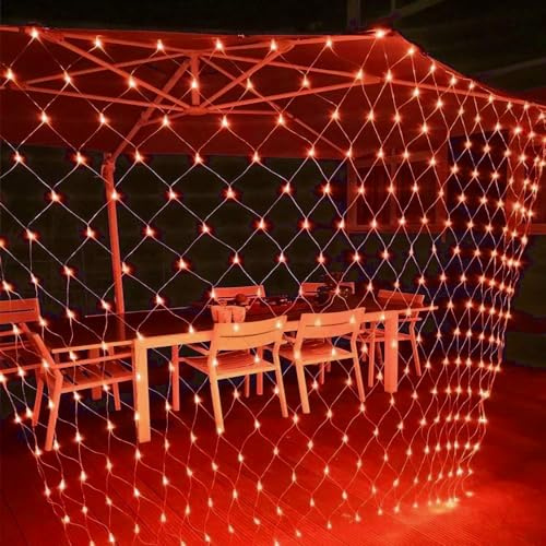 HHUYAMM Luces solares de red para exteriores, 3 m x 2 m, 200 luces LED de malla con 8 modos, luces de red de encendido/apagado automático para arbustos, arbustos, decoración de césped (rojo)