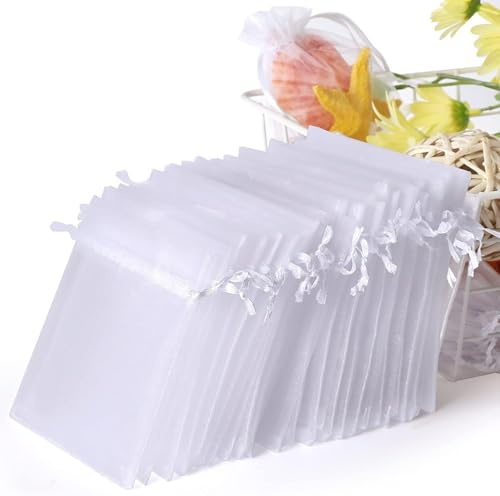 PIQIUQIU 100 x organza-påsar vita organzapåsar smyckespåsar bröllopspåsar för smycken partypåsar presentpåsar – 7 x 9 cm