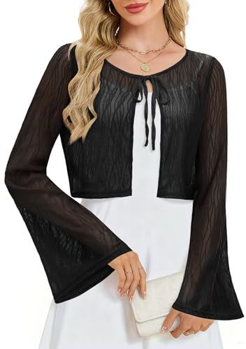 Aupuls Boléro en dentelle pour femme - Cardigan à manches cloches à nouer sur le devant - Cache-maillot léger pour robe de soirée, Noir , L