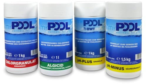 myPOOL Starter-Set Chlor Basic 4,5 kg - 4-teiliges Poolpflege Set auf Chlorbasis für kleine Pools - Mit pH Plus pH Minus Chlorgranulat und Algenschutz