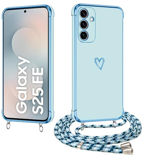 E-Lush Handyhülle für Samsung Galaxy S25 FE 5G Hülle mit Band, Herz Love Galvanik Silikon Handy Hülle für Samsung S25 FE 5G Schutzhülle mit Kordel zum Umhängen Kameraschutz Stoßfeste Case, Blau