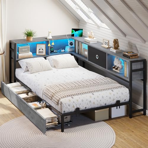 DICTAC Canapé Lit 90x190 avec éclairage LED et Prise, Lits 90x190 avec sommier en Métal, lit Banquette avec 5 Compartiments Rangement, Lits 1 Place avec 2 tiroirs, Lit Enfant LED, Gris chêne