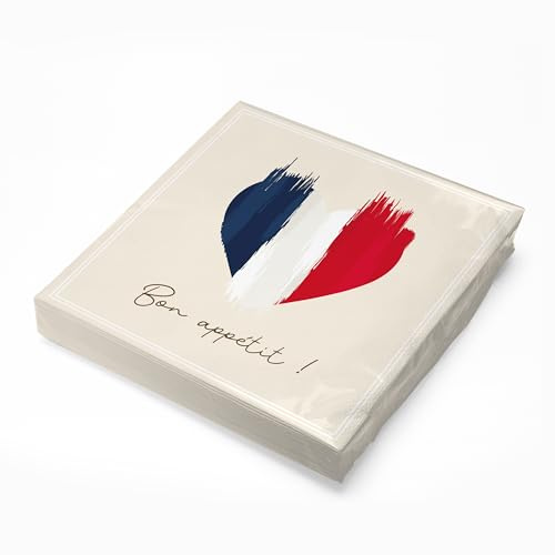 itenga Lot de 20 serviettes en papier Motif cœur drapeau de la France 30 x 30 cm 3 plis Bon appétit