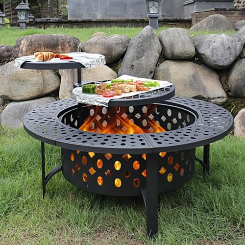 Brasero en bois 3 en 1 de 91,4 cm avec 2 grilles – Table de foyer d'extérieur en acier avec couvercle, tisonnier et housse étanche pour barbecue, terrasse, jardin, camping et réunions de fête