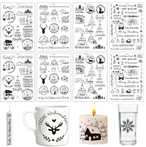 HQRKOTM 8 Stück Kerzentattoos Weihnachten, kerzen folie weihnachten, kerzenaufkleber,Tattoo, kerzentatoos weihnachten,aufkleber, für Kerzen/Keramik(B).