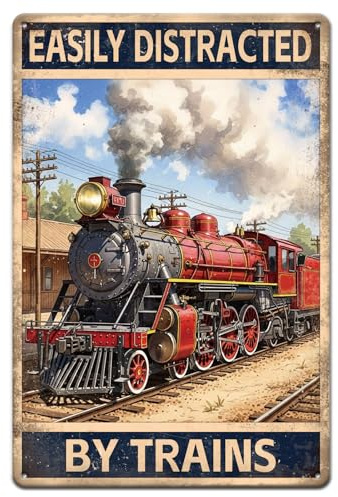 GLOBLELAND Vintage Train Metal Tin Sign 12x8inch Easily Distracted by Trains Tin Signage Decor Signs Retro Train Tracks Wall Metal Plaque for Home Living Room Man Cave Club Garden Decoration