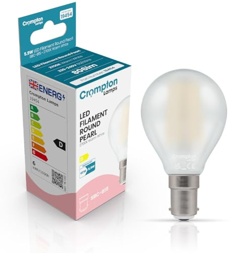 Crompton Lamps Filament Golfball LED Light Bulb SBC-B15d | 5.9W = 60W Equivalent | Warm White 2700K | Energy Efficient | Small Bayonet Lightbulb | Long Life 15,000-Hrs | Pearl Glass | Dimmable