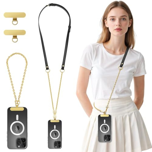 MoKo Phone Wrist Strap and Shoulder Strap with Tether Tab | Adjustable anti-theft phone lanyard for iPhone and most smartphones, Black & Gold