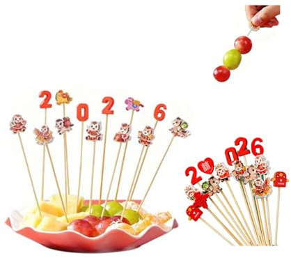 Confezione da 100 spiedini in bambù con frutto del cavallo, 12 cm, stuzzicadenti per antipasti con 10 disegni festivi per bevande per feste di Capodanno, salumi e spiedini di frutta, forniture per