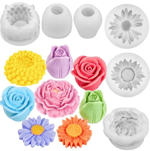 Cuxawamiyo Moule en Silicone Fleurs 6 pièces, Moule à couler Silicone Rose Tulipe Tournesol Pivoine Marguerite Chrysanthème, Moule à Bougie Silicone pour Savon résine plâtre DIY