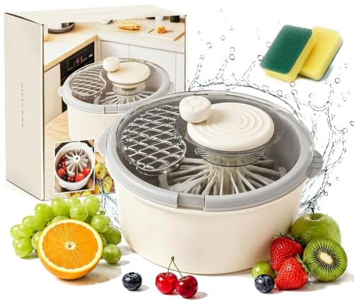 Pealeaf Centrifuga Elettrica Frutta E Verdura, Lava Insalata con Ciotola, Pulitore Automatico per Lattuga Bacche Erbe Base Antiscivolo (Beige,Manual)
