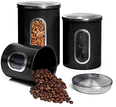Mixpresso 3-Piece Black Canisters Sets For The Kitchen, Airtight Canister Set With See Through Window, Storage Jars for Coffee Container, Tea Organizer & Sugar Canister, Black Kitchen Canisters