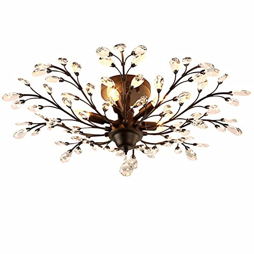 SEOL-Light Vintage Large Crystal Branches Chandeliers Black Close to Ceiling Light Flush Mount Fixture with 5 Light 200W 31.5 Dia;