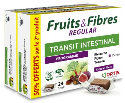 Ortis - Duo Fruits & Fibres Regular Promopack 2 x 24 Cubes - Complément Alimentaire pour Favoriser le Transit Intestinal - Paresse Intestinale Régulière - 100% Naturel à base de Rhubarbe