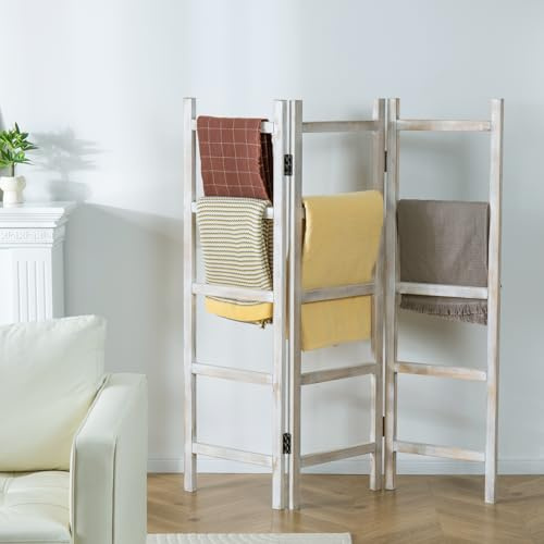 Blanket Ladder,59 H Wood Blanket Ladder for Living Room, Decorative Quilt dispaly Rack, Free Standing and Folding Towel Rack for Bathroom,Whitewashed.