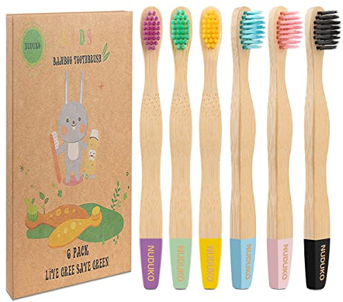 NUDUKO Kids Toothbrush Bamboo Toothbrushes 6 Pack - Organic Compostable Tooth Brush Wooden Baby Toddler Toothbrush, Eco-Friendly Natural Biodegradable Soft Bristle Toothbrush for Children