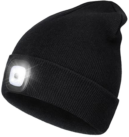Rechargeable LED Lighted Beanie, Perfect Dad Gifts in Christmas, Stocking Fillers Cap with Light Hands Free Head Torch Unisex Winter Warm Knit Beanie Cool Stuff Black