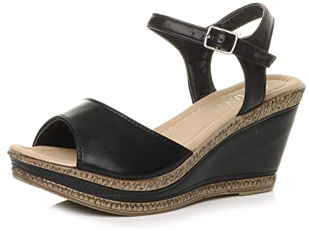 AJVANI Kvinnor damer hög kilklack plattformsspänne sommar peeptoe sandaler storlek, Svart, 37 EU