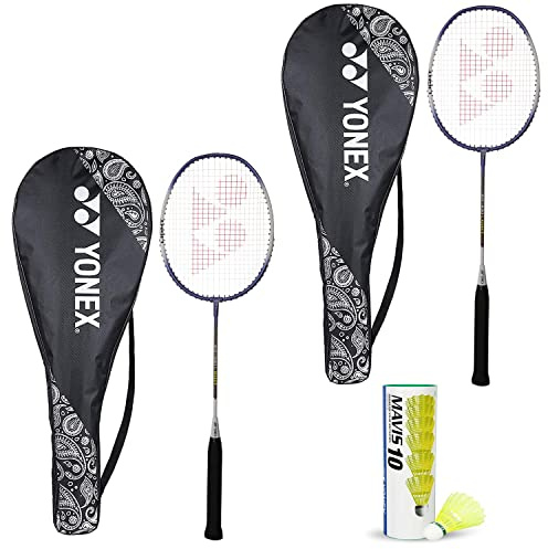 YONEX Best Beginner's Badminton Combo – ZR 100 lätt aluminiumblandningsracket med fullt skydd, set med 2 + Mavis 10 fjäderbollar, paket med 6 – lila
