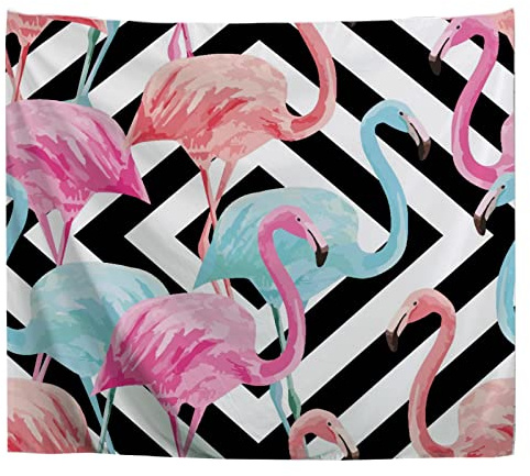 A.Monamour Wandteppich Aquarell Roter Rosa Blauer Flamingo Auf Schwarzem Weißem Geometrischem Hintergrund Stoff Tuch Tapisserie Wandbehang Wanddeko Wandkunst Wandbilder Wandtuch 102x153cm