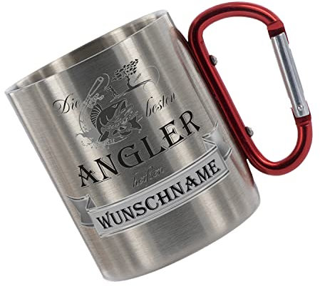 Crealuxe Edelstahltasse mit Karabiner - Die Besten Angler heißen Wunschname - 330ml Tasse personalisiert mit Gravur, Kaffeetasse, Bürotasse, Metalltasse mit Name, Angelzubehör