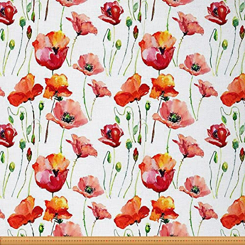 Mohnblumen Polsterstoff Meterware Roter Blumenstoff für Stühle Aquarell Rustikal Botanischer Garten Dekorations Stoff für Heimwerkerprojekte Im Innen und Außenbereich Orange 92 x 150 (HxB)