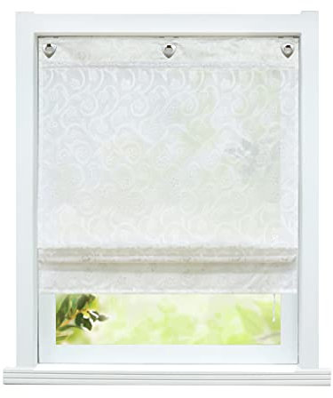 ESLIR Raffrollo ohne Bohren Landhaus Gardinen Küche Raffgardinen mit Ösen Weiß Ösenrollo Vorhänge Halbtransparent Weiß #2 BxH 80x140cm 1 Stück