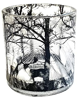 Glas-TEELICHT Windlicht Teelichtglas Kerzenglas Waldszene Weihnacht Silhouette, Relief, schwarz weiß, gefrostet 9 x 10 cm