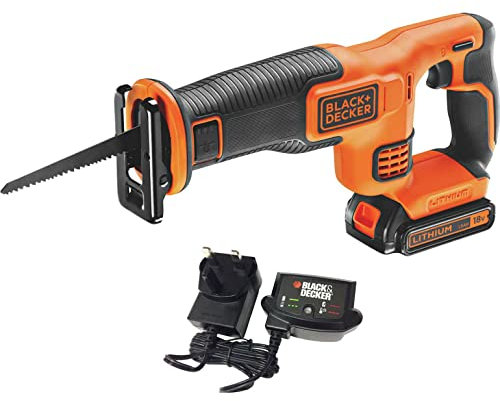Black and Decker BDCR18 18v Cordless Reciprocating Saw 1 x 1.5ah Li-ion, Supplied with: 1 x Blade, 1 x 18V 1.5Ah Li-ion Battery and 1 x Charger.