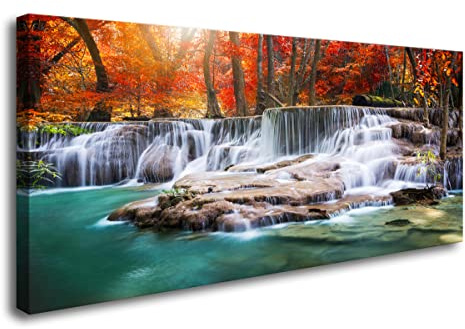 Aibonnly Wall Art Canvas Painting Red Forest Waterfalls 1 Piece Modern Landscape Tree Picture Poster Print Framed and Stretched Ready to Hang for Living Room Bedroom Kitchen Office Home Decor