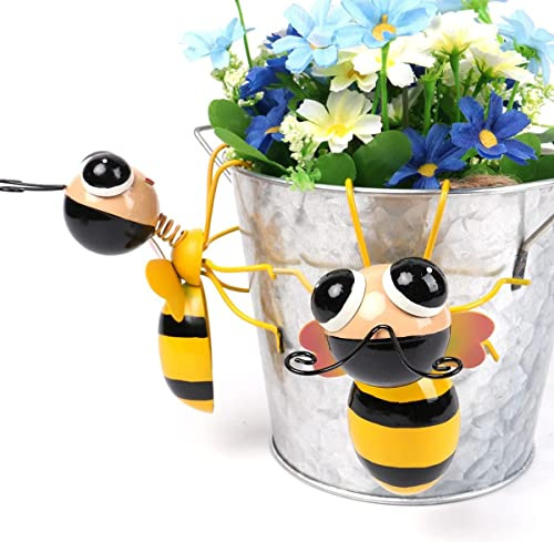 Super Idee Set mit 2 niedlichen hängende Bienen aus Metall leuchtende Farben Gartendeko für Blumentopf Pflanzgefäß Pflanzkübel Pflanzkorb Kräutertopf Blumenkübel Gartentöpfe Pflanztopf (Gelb)