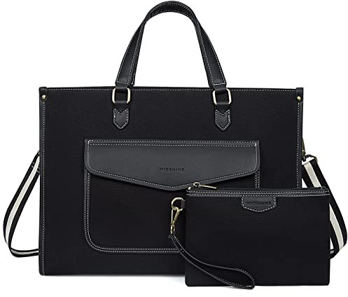 Missnine Sac à main pour ordinateur portable 15,6 - Pour femme - Grand sac de travail - En toile - Pour professeur, bureau et université, Noir - 2, 2 set, Moderne