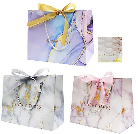 Geschenktüten mit Henkel, Geburtstag Papiertüten mit Schleife, 3 Stück Geschenktaschen Partytüten Geschenk Tüten mit 3 Grußkarten für Hochzeit Feier Party Weihnachten, Rosa Weißer Marmor